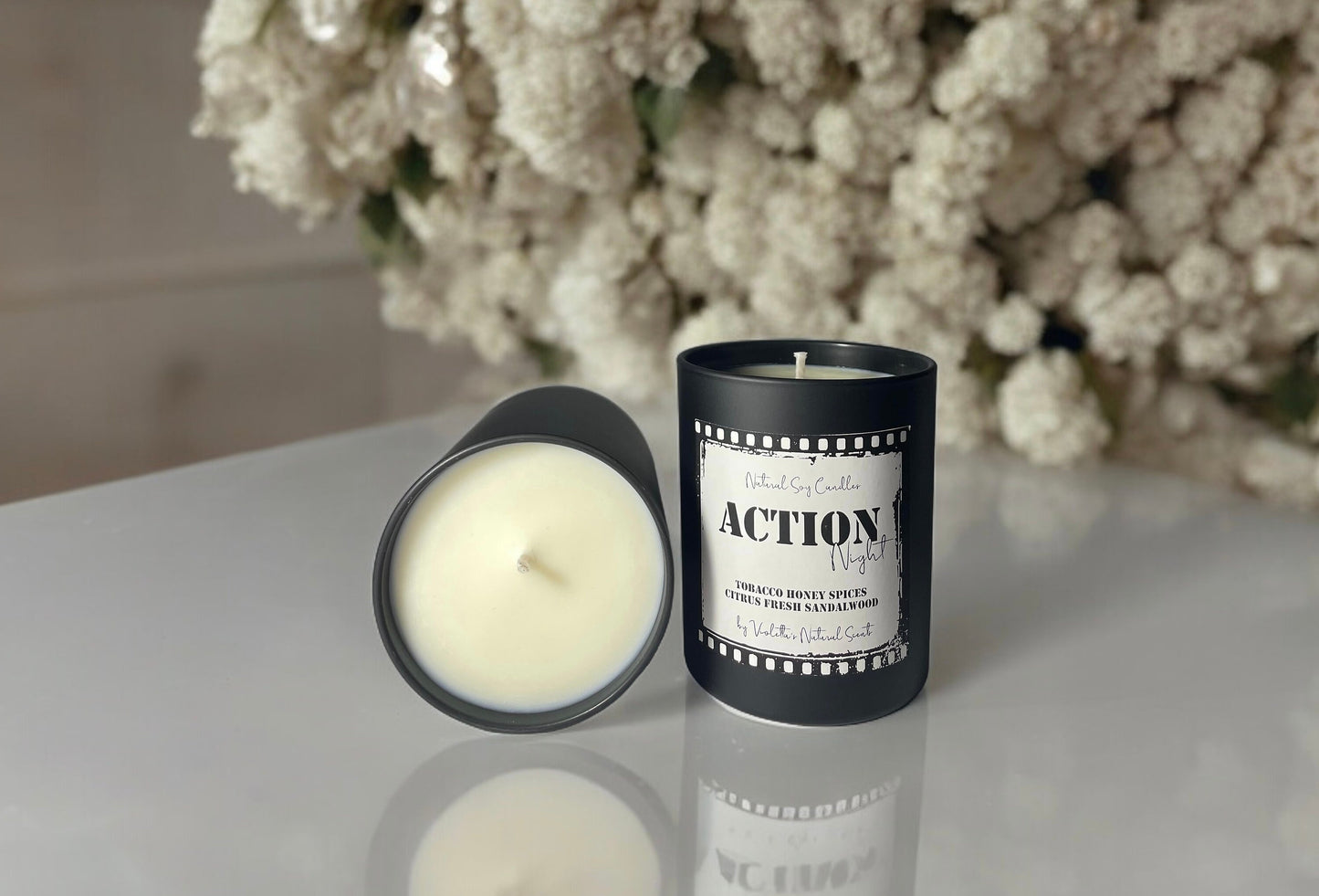 Soy Wax Scented Candle, Dark Honey & Tobacco, Home Fragrance, 35h burning , Movie Night , Black matt candle
