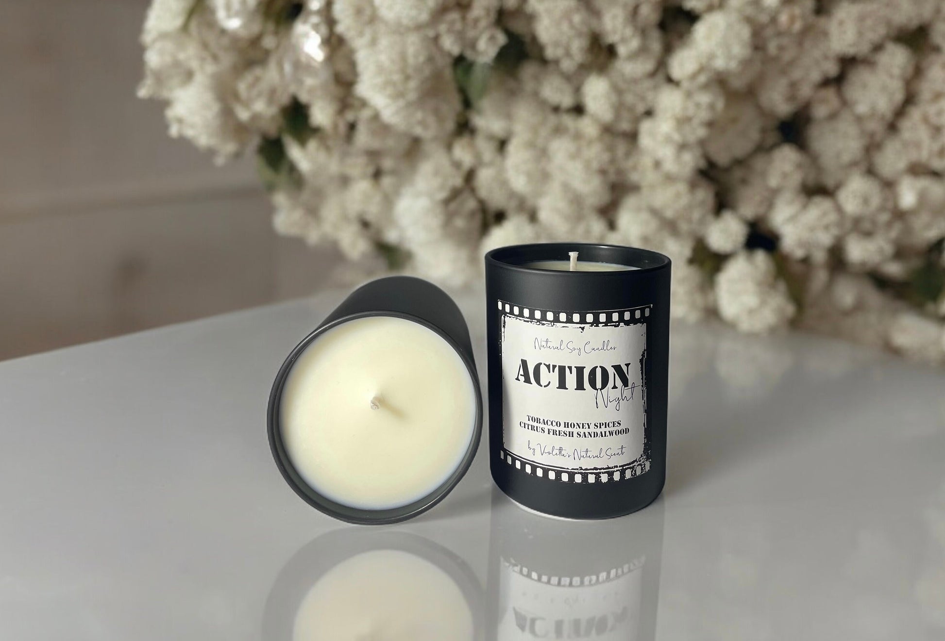 Soy Wax Scented Candle, Dark Honey & Tobacco, Home Fragrance, 35h burning , Movie Night , Black matt candle