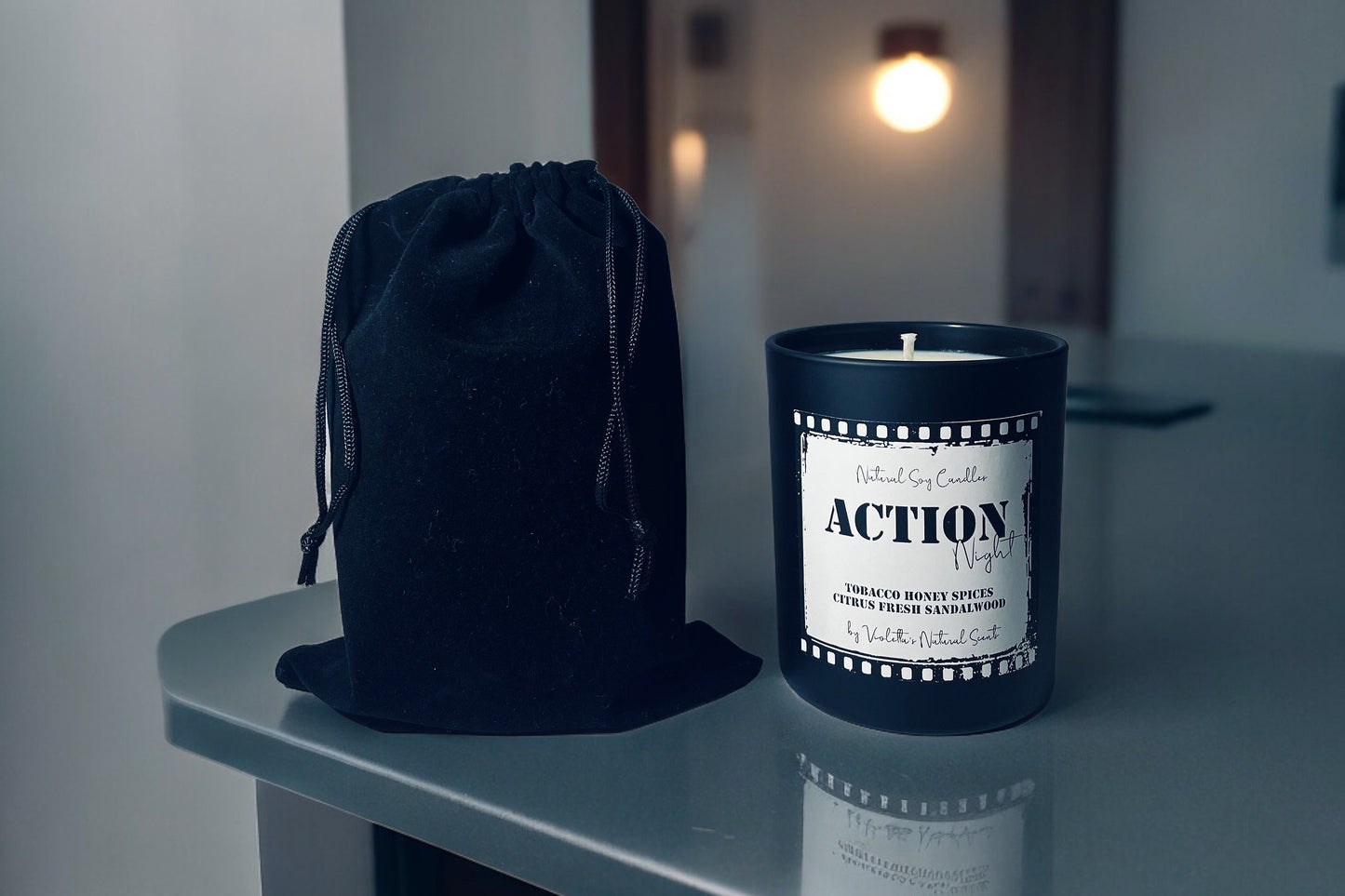 Soy Wax Scented Candle, Dark Honey & Tobacco, Home Fragrance, 35h burning , Movie Night , Black matt candle